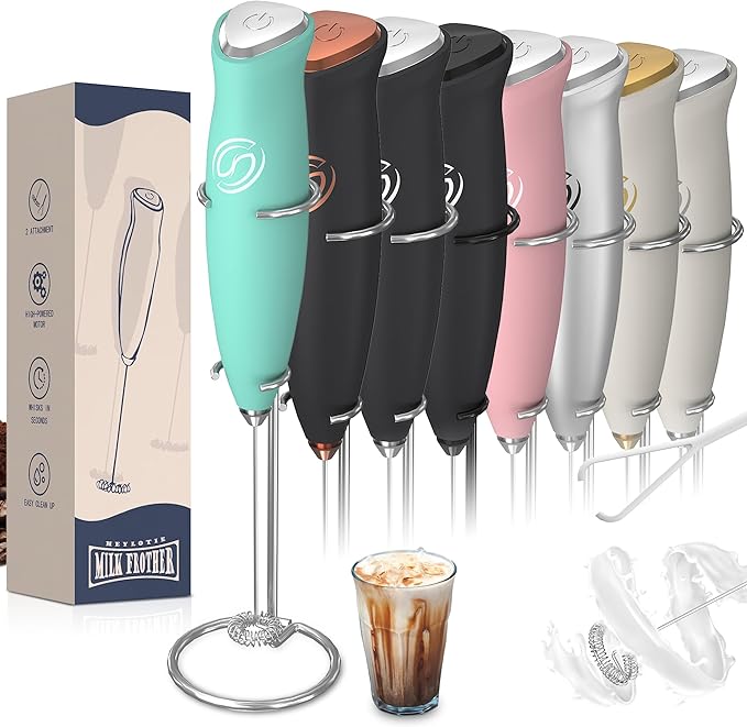 Milk Frother With Stand Milk Frother Wand Coffee Frother Handheld Drink Mixer Handheld with 2 Whisks Electric Whisk Stirrers Electric Milk Frother for Coffee Mixer Wand Milk Foamer-Aqua