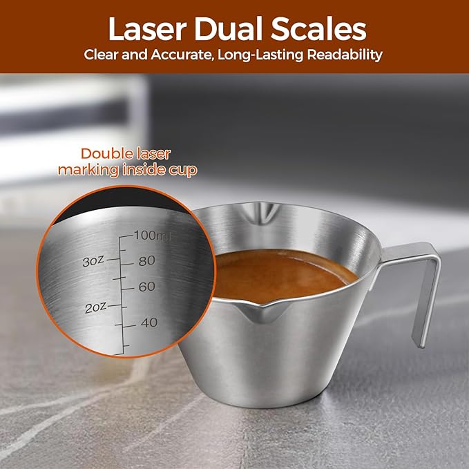 1Pc Stainless Steel Espresso Cups, Double Spout Metal Measuring Cup with Dual Scale, Espresso Shots Cup with Handle, Coffee Bean Weighing (White), 3.4oz/100ml
