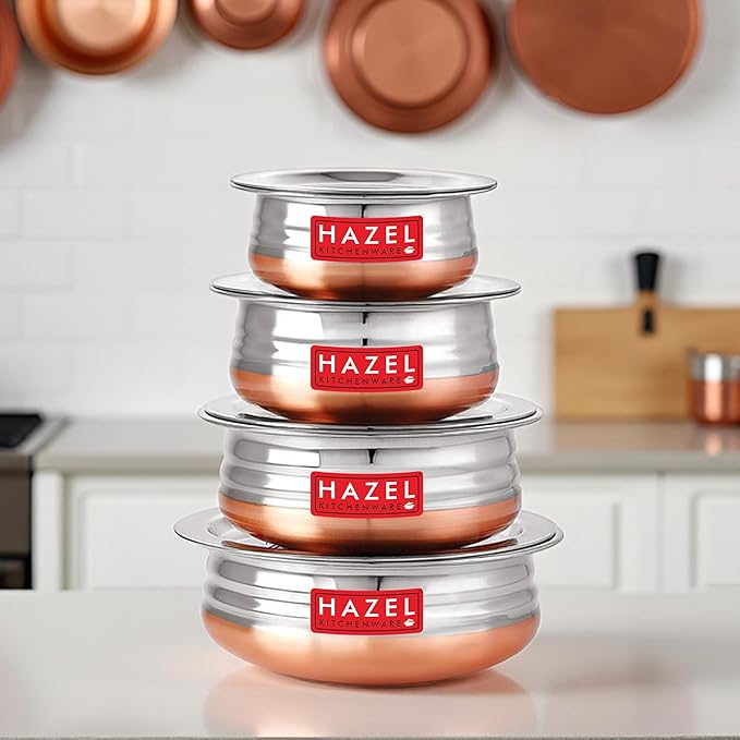 HAZEL Stainless Steel Copper Bottom Handi Set with Lids | Traditional Indian Cookware & Serveware | Set of 4 (0.8, 1.3, 1.7, 2.1 Quarts) | Durable Pots for Curry, Biryani & More