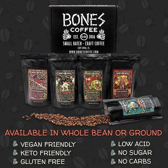 Bones Coffee Company NEW World Tour Sample Pack Box Set with Specialty Coffee Mug, 5 Assorted Single-Origin Low Acid Medium Roast Arabica Beans Flavored Coffee Gifts, 4 oz Pack of 5 Ground