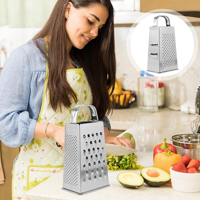 Cheese Grater - Stainless Steel Vegetable Grater with Handle, 4-Sided Multifunction Kitchen Box Garlic Slicer, for Cheese, Potato, Fruit & Vegetable 6.5 x 3.5 x 2.5 inch