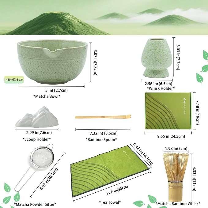 Matcha Whisk Set, 7 Pcs Matcha Set Includes Bowl, Whisk, Holder, Sifter, Bamboo Scoop, Spoon Rest and Tea Towel - Matcha Kit for Matcha Lovers (Mottled Green)