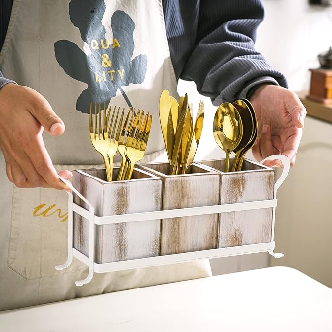 Silverware Caddy Utensil Organizer for Countertop, Flatware Caddy with Metal Rack, Wooden Utensil Cutlery Holder with 3 Compartment for Kitchen Decor and Party -White