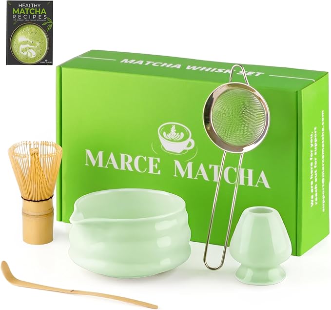 Matcha Whisk Set- Matcha Set includes Matcha Whisk and Bowl with Spout, Sifter, Holder and Scoop- The Perfect Bamboo Whisk for Matcha Tea (Green)