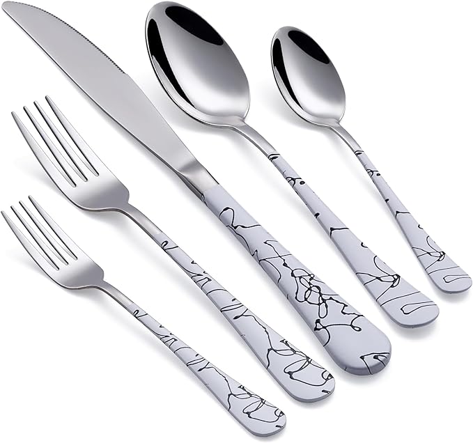 20-Piece Silverware Set with Stainless Steel Flatware - White Marbling Handle Cutlery - Dinner Knives, Forks, Spoons - Dishwasher Safe