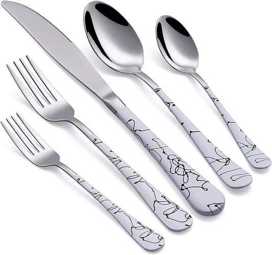 20-Piece Silverware Set with Stainless Steel Flatware - White Marbling Handle Cutlery - Dinner Knives, Forks, Spoons - Dishwasher Safe