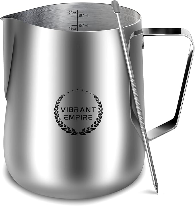 Milk Frothing Pitcher, 20OZ (600ml)– Stainless-Steel Milk Frother Cup with Latte Art Pen– Measurement on Both Sides– Rust-Resistant Frothing Pitcher for Milk, Cappuccino 20OZ (600ml)