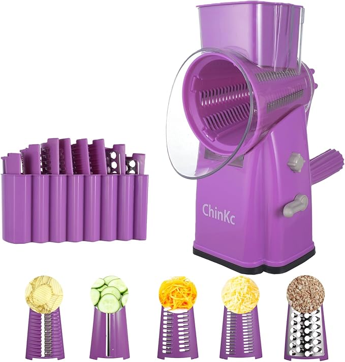 Rotary Cheese Grater Shredder - Upgraded 5 in 1 Cheese Grater with Handle and Strong Suction Base, Multi-purpose Julienne Slicer Ice Shaver Nuts Grinder for Ice, Vegetables, Fruit, Nuts