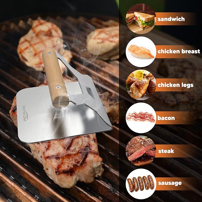 Onlyfire 5.5 Inch Burger Smasher, 304 Stainless Steel Square Burger Press with Wooden Handle for Flat Top Griddle Grill, Great for Cooking Bacon, Sandwiches, Meat, Steak