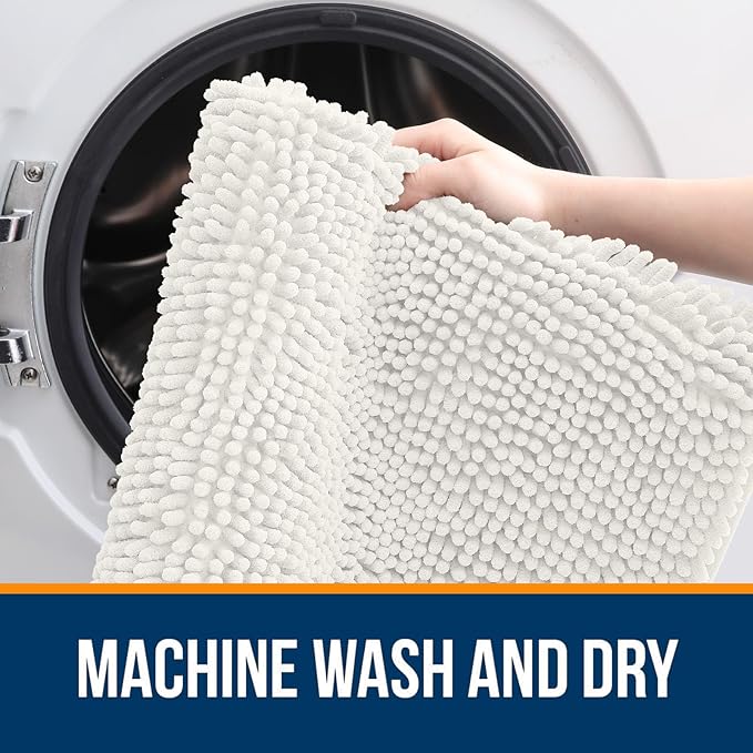 OLANLY Bathroom Rugs Sets 2 Piece, Soft Absorbent Chenille Bath Mats and U-Shaped Contour Toilet Mat Area Rug Set, Machine Washable Bath Carpet, Home Decor Accessories(24"x16"+24"x20", Ivory)
