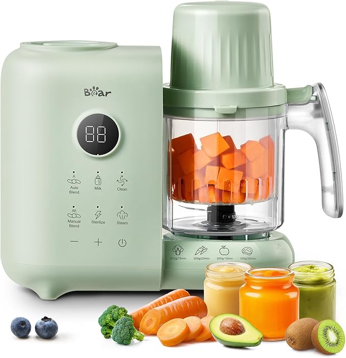 Bear Baby Food Maker with Two Layer Steam Baskets, One Step Baby Food Processor Steamer Puree Blender, Baby Food Mill with Bottle Warming Sterili-zing Auto Cleaning Function, BPA-Free