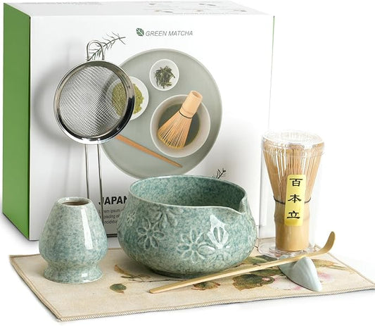 Matcha Whisk Set-7-Piece Ceramic Matcha Kit for Matcha Lovers,Includes 18 oz Matcha Bowl,Bamboo Matcha Whisk & Holder,Bamboo Scoop,Scoop Rest,Sifter,and Tea Towel(Blue)