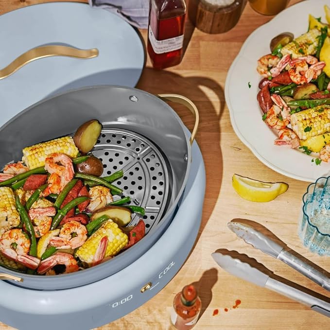 Beautiful 10-in-1 Electric Multi-Cooker by Drew Barrymore, 6-quart, digital display, 10 cooking functions, non-stick pot, easy one-touch control (Cornflower Blue)