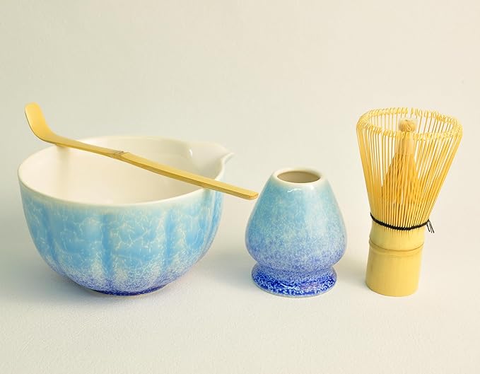 Matcha set, 8pcs Matcha Set Kit Includes Ceramic Matcha Bowl, Bamboo Whisk (Chasen), Whisk Holder, Sifter, Bamboo Scoop, Scoop Rest, Tea Towel, Matcha Whisk Set for Matcha Tea Ceremony, Blue