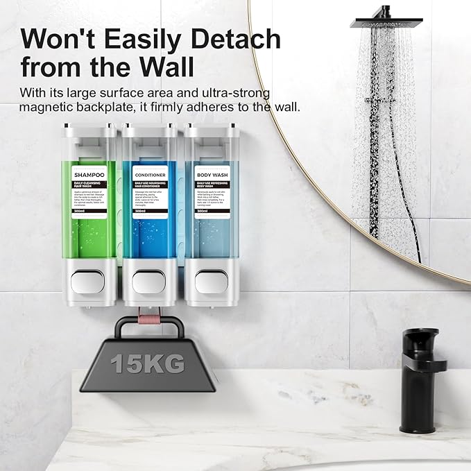 3-Chamber Wall Mounted Shampoo and Conditioner Dispenser,300ML Each Shower Soap Dispenser,Easy Refill,No Drip,Ideal for Shampoo,Conditioner,Body Wash for Bathroom Kitchen Hotel