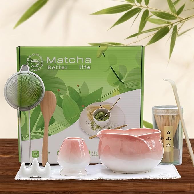 8 Pcs Red Petal Matcha Set Bowl with Spout Bamboo Chasen Sifter Spoon Scoop Whisk Holder Tea Cloth Complete Matcha Making Kit（Red）