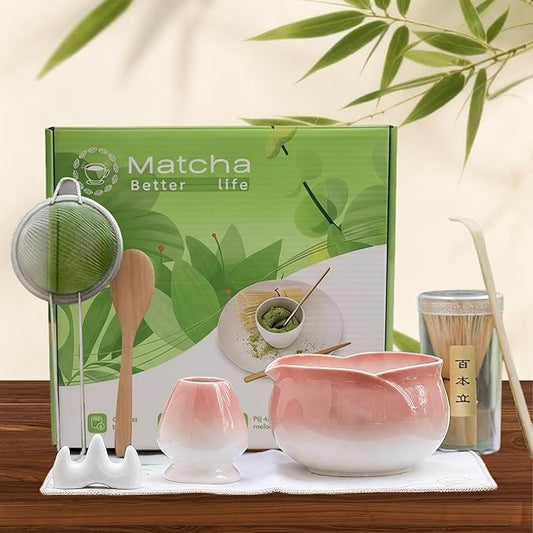 8 Pcs Red Petal Matcha Set Bowl with Spout Bamboo Chasen Sifter Spoon Scoop Whisk Holder Tea Cloth Complete Matcha Making Kit（Red）