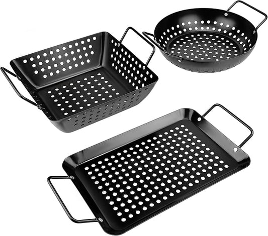 Small Non-Stick 3 Piece Grill Basket Set – BBQ Grilling Basket for Vegetables, Seafood & Meat – Heavy Duty Perforated Grill Pan for Charcoal, Gas and Outdoor Grills, Easy to Clean Grilling Accessories