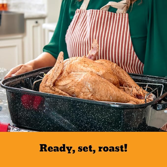 Granite Ware 21 in Oven Rectangular Roaster with lid and V Rack (Speckled Black) - Accommodates up to 25 lb poultry or roast.