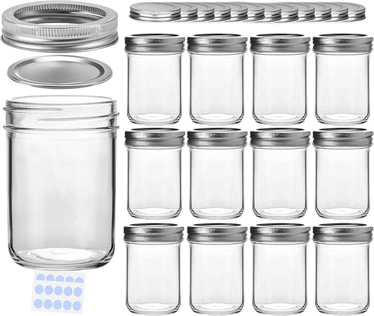 KAMOTA DIY Glass Mason Jars With Bands, 8 oz, Ideal for Jam, Spice, Honey, Wedding , Shower Favors, 12 PACK, Extra 12 Regular Lids & 20 Whiteboard Labels
