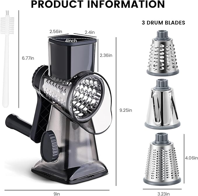 HANSGO Rotary Cheese Grater, Hand Crank Cheese Shredder for Fresh Cheeses, Vegetable, Nuts, Safe Kitchen Tool, Non-slip Suction Base, Labor-Saving Handle, Cleaning Brush, Three Blades
