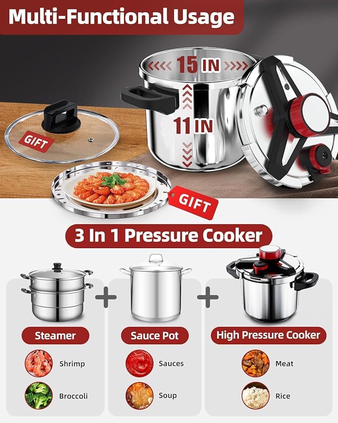 3-In-1 18/8 Stainless Steel Pressure Cooker 32 QT: [Explosion-Proof] [One-Hand Locking] Stainless Steel Pressure Canner, Induction Compatible, Steamer Rack Included, Olla de Presion