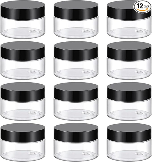 TUZAZO 1 Oz Small Plastic Container Jars with Lids and Labels BPA Free, Empty Round Clear Cosmetic Containers Plastic Slime Jars for Lotion, Cream, Ointments, Samples, Makeup, Travel Storage (12 Pack)