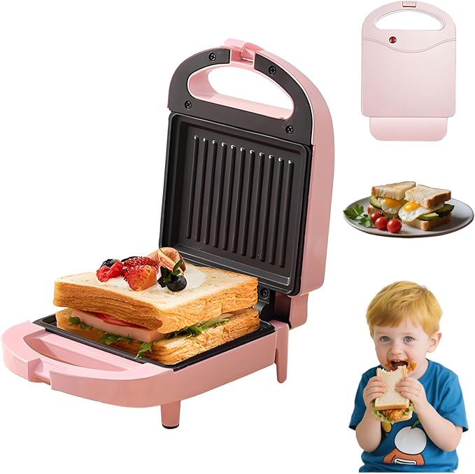 Sandwich Maker, Household Multi-Functional Breakfast Griller, Dual Non-Stick Plates, Fast Heating Electric Omelet, French Toast Panini Press, Tuna Melts, Cool Touch Handle for Camping Barbecue (Pink)