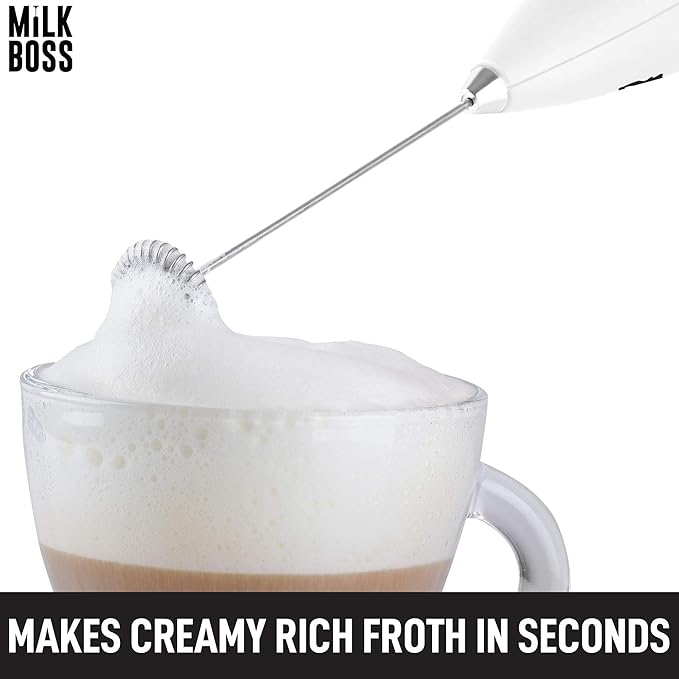 Milk Boss Matcha Whisk - Handheld Electric Stirrer - Frother Wand & Drink Mixer - Durable Stainless Steel - White Ultra Stand