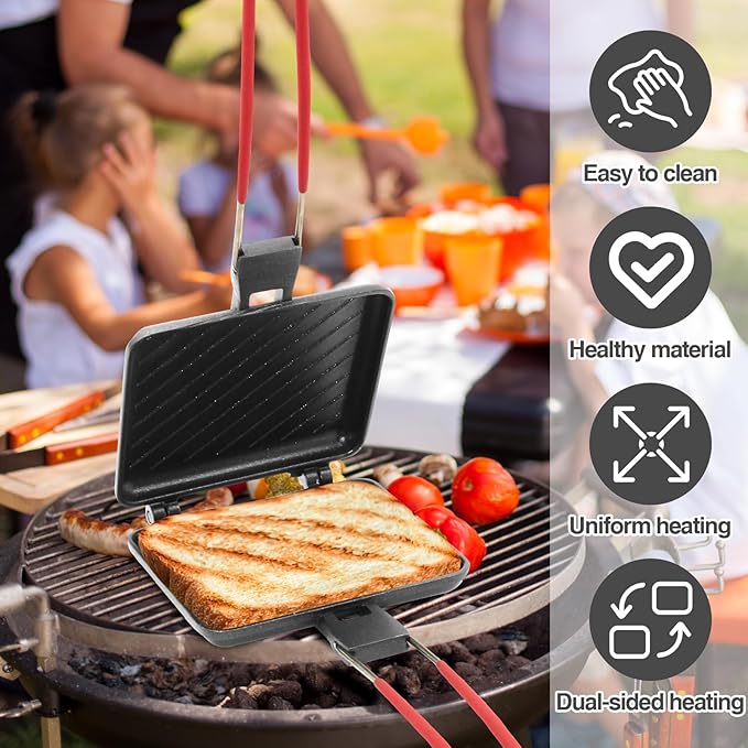Foldable Sandwich maker, double-sided grilled cheese pan, panini press sandwich maker. It is also a friendly pie irons for camping and campfire sandwich maker.