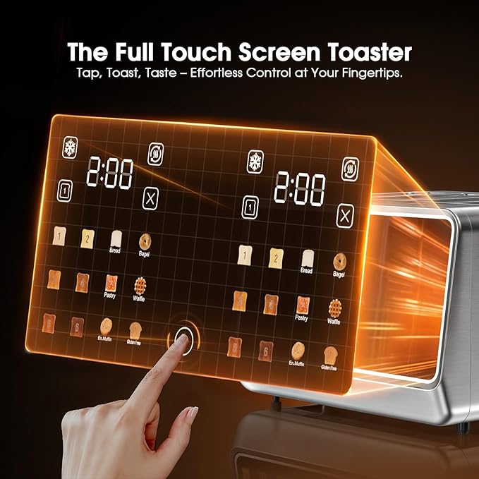 Digital Smart Toaster 4 Slice, Dual Touchscreen with Independent Control | Wide Slot for Bagel, Bread and More | 1800W, 6 Browning Levels, Defrost, Reheat, Single-Slice Function | Stainless Steel