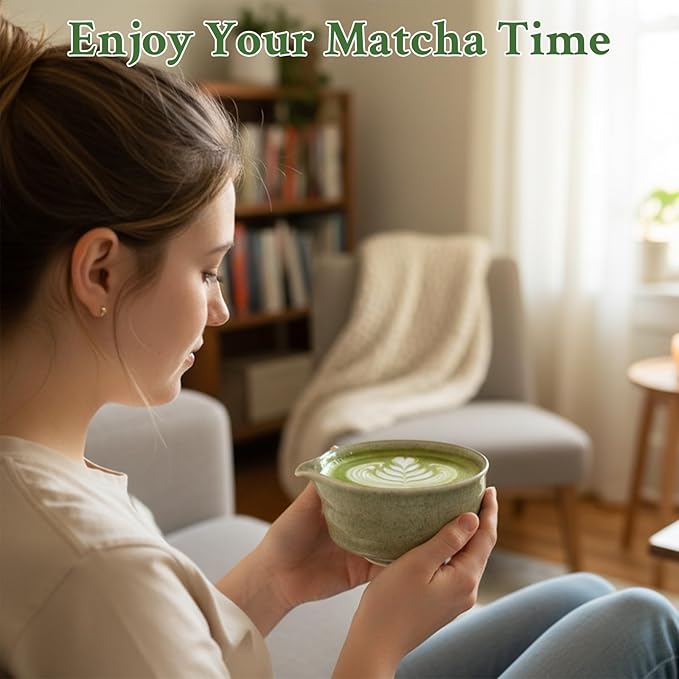 Matcha Set Whisk and Bowl with Spout and Measuring Spoon, Japanese Ceremony Matcha Tea Making Tools (Green)