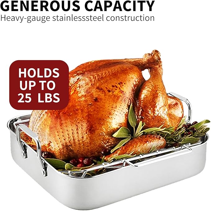16.5inch Roasting Pan with V-Shape Rack - Stainless Steel Large Turkey Roaster Pan for Turkey, Chicken, Ham Roaster with V-Shaped Baking Rack Heavy Duty Dishwasher Safe, Hold up to 22LB