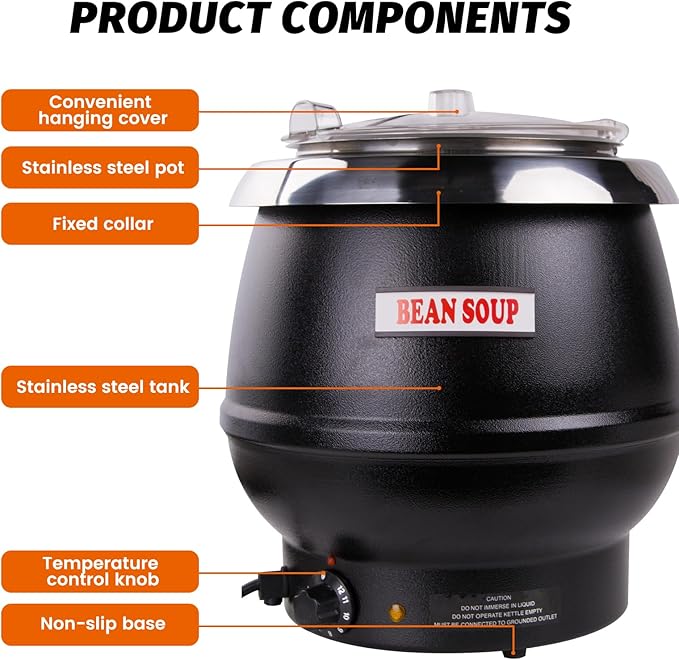 10.5Qt Soup Warmers Commercial Soup Kettle Warmer with Hinged Lid and Detachable Stainless Steel Pot, Food Warmer for Parties, Buffet - Black
