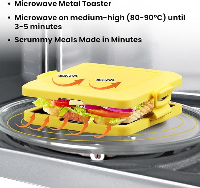 Microwave Toastie Maker, 6.9 * 5.9 * 1.6 Inch Sandwich Maker Time-Saving Grilled Cheese Toaster with Adjustable Silicone Strap Microwave-Safe Cookware Kitchen Tool for Toastie Panini (Yellow)