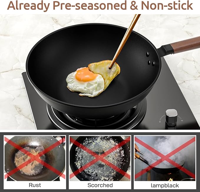 Carbon Steel Wok, 13-Inch, Pre-Seasoned, Non-Stick, with Lid and Spatula, Flat Bottom, Ideal for Stovetop Cooking
