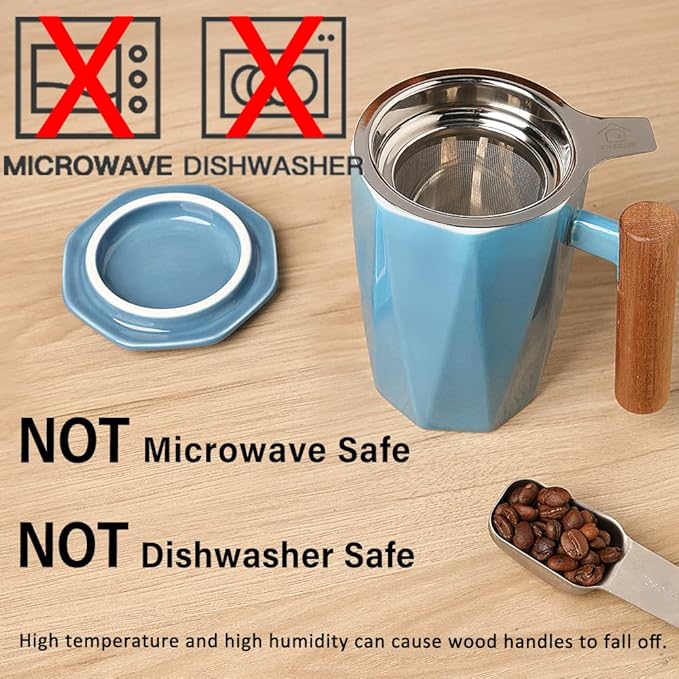 Sweejar Ceramic Tea Infuser Cup with Lid, Wooden Handle Teacup with Strainers for Loose Leaf Tea, 17 oz Geometric Shape Coffee Mug, Steeping Mug with Infuser, Women Christmas Gift (Turquoise)