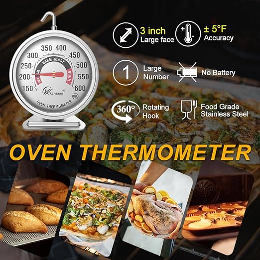 KT THERMO 2PCS Oven Thermometer150-600°F, Oven Grill Smoker Analog Thermometer Instant Read Stainless Steel Kitchen Cooking Thermometer