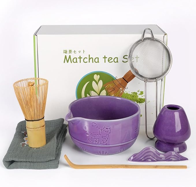 7Pcs Matcha Whisk Set,Ceramic Matcha Tea Set Includes Whisk Matcha Bowl Scoop and Whisk with Holder Sifter Towel,Elegant Matcha Kit Gift for Matcha Enthusiasts and Tea Lovers(Purple)