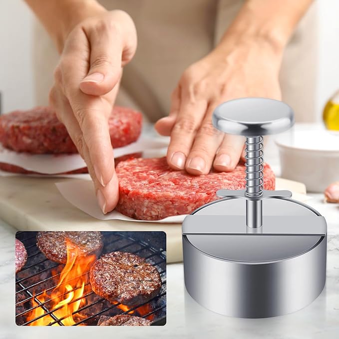 Owfeel Burger Meat Press, 304 Stainless Steel 4.5inch Adjustable Hamburger Patty Maker, Non-Stick Hamburger Press for Kitchen BBQ Grill