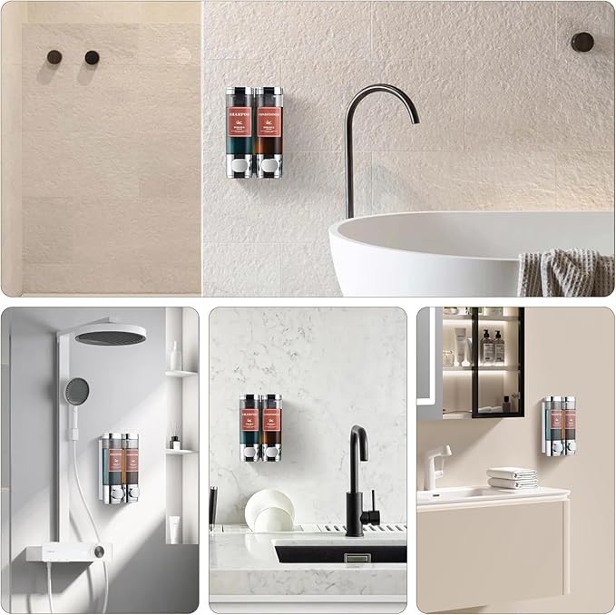 Shampoo and Conditioner Dispenser Wall Mounted Shower Soap Dispenser No Drill Shampoo Dispenser for Shower 2 Chamber Bathroom Body Wash Shower Gel Holder Chrome