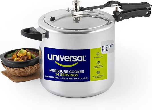 Universal (13.7 Quart / 13 Liter) Pressure Cooker, 14 Servings, Aluminum Pressure Cooker With Multiple Safety Systems and Heat Resistant Handles For Stews, Soup, Meat, and Beans