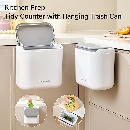 Small Trash Can with Lid, 1.8 Gallon Flip-Top Wall-Mounted Garbage Can, Slim Waste Basket & Compost Bin for Bathroom, Kitchen, Bedroom, Living Room, Office, Laundry - White (1.8 Gel)