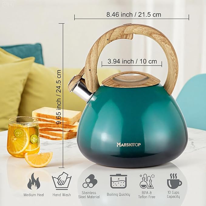 MARSKITOP Tea Kettle Teapot for Stovetop, 2.6 Quart Stainless Steel Tea Pot for Stove, Stove Top Whistling Tea Kettle with Anti-Hot Handle, Suitable for All Heat Sources, Green