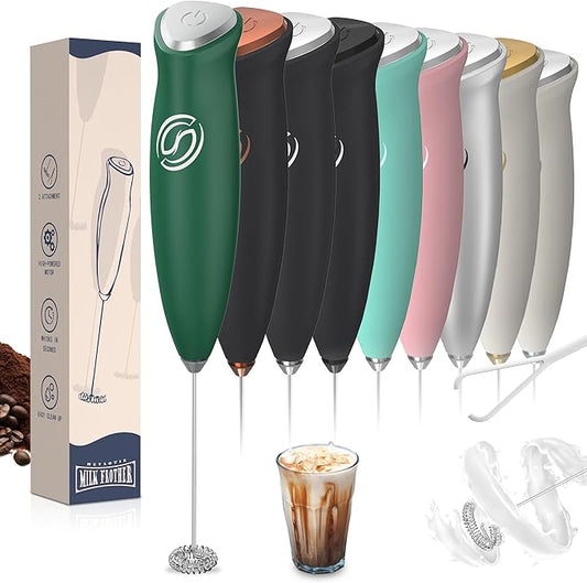 Milk Frother Wand Coffee Frother Handheld Drink Mixer Handheld with 2 Whisks Electric Whisk Stirrers Electric Milk Frother for Coffee Mixer Wand Milk Foamer-Green