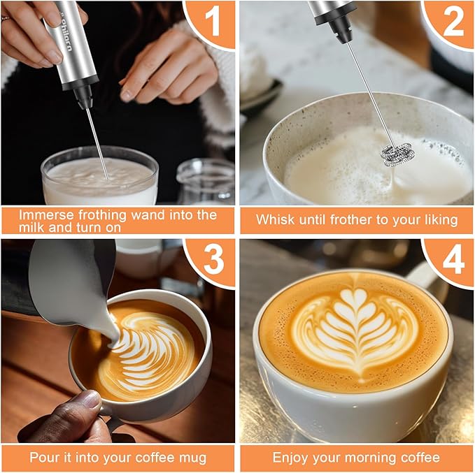 Philorn Milk Frother Rechargeable with Stand, Handheld Frother Wand for Coffee with 3 Heads 3 Speed, Powerful Hand Mixer Electric Whisk for Latte, Cappuccino, Frappe, Matcha, Hot Chocolate, Keto Diet