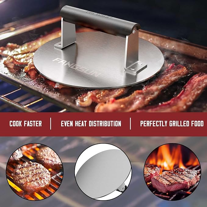 FANGSUN Bacon Press for Griddle, Stainless Steel Grill Press, 8.5-Inch Heavy-Duty Burger Press with Heat-Resistant Handle, Non Stick Hamburger Press, Weight Burger Smasher for Meat, Steak, Panini
