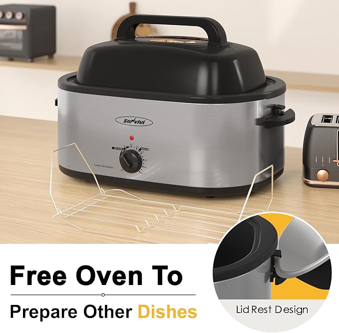 Roaster Oven, Electric Roaster Oven with Viewing Lid, Large Roaster with Removable Pan & Rack, Turkey Roaster with Unique Defrost/Warm Function, Stainless Steel, Sliver, 22QT