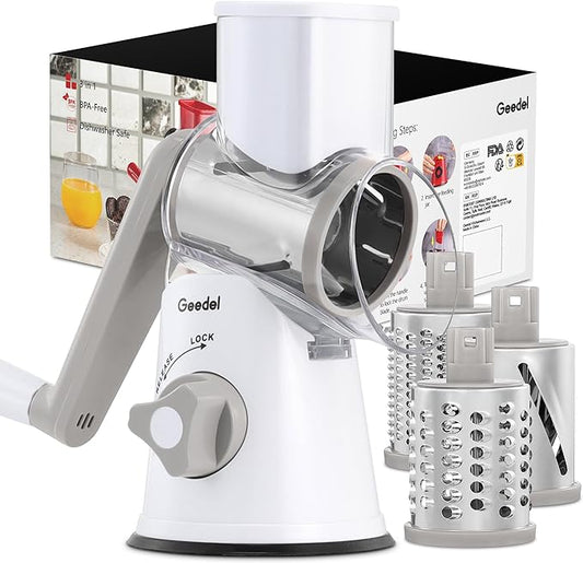 Geedel Rotary Cheese Grater, Kitchen Mandoline Vegetable Slicer with 3 Interchangeable Blades, Easy to Clean Rotary Grater Slicer for Fruit, Vegetables, Nuts