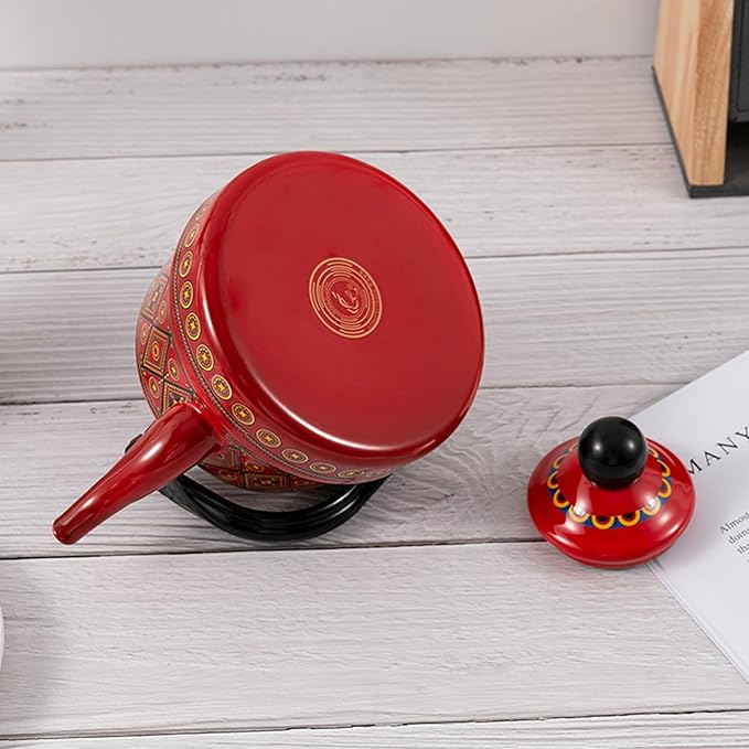 1.1L Arab style Vintage Tea Kettle,Enamel Tea Kettle with Handle,Enameled Teapot Stovetop,Hot Water Kettle for Home Kitchen Decor, No Whistling (Red)
